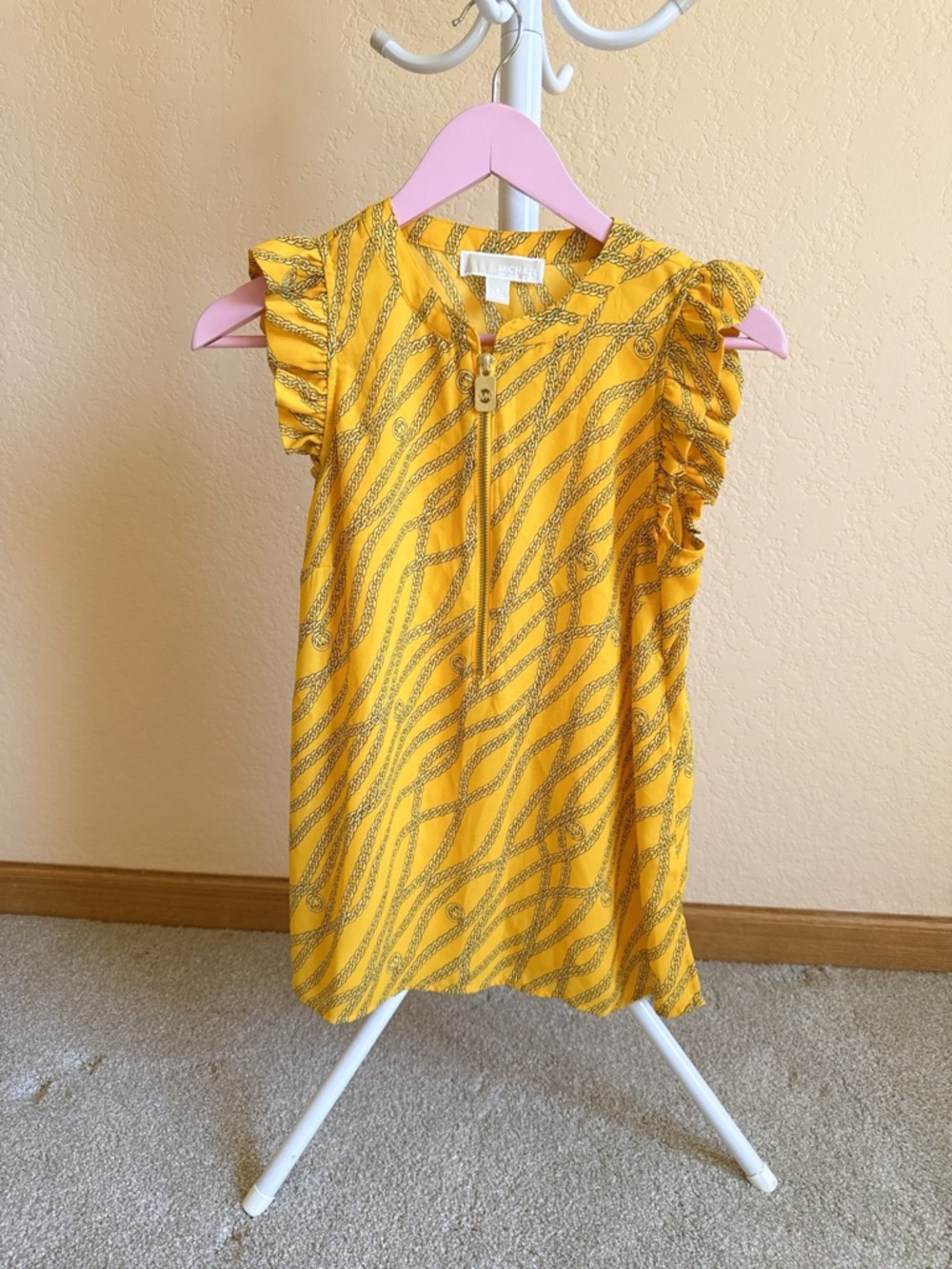 Michael Kors Yellow Chain-Print Zip Front Top Size S